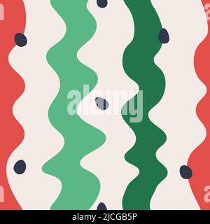 Abstract vector seamless pattern. Green and red repeating stripes and watermelon seeds. Ideal for your design. Stock Vector