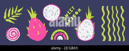 Set of dragon fruit - whole, cut, slices. Vector flat elements for design Stock Vector
