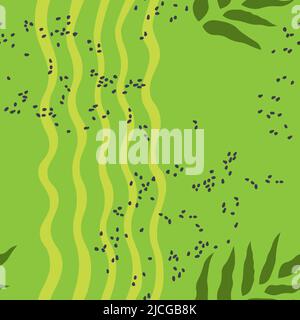 Green abstract vector seamless pattern for design. Vertical curved stripes, leaves and dots. Stock Vector