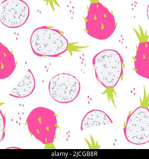 Pattaya or dragon fruit - whole, cut, slices. Vector seamless pattern with white background for design. Stock Vector