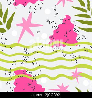 Abstract vector seamless pattern for design. Repeating dragon fruit elements. Horizontal curved stripes, leaves and dots. Stock Vector