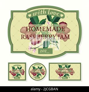 STICKERS ON JARS WITH HOMEMADE JAM. BERRY JAM. Raspberry. Labels for canning. Vintage kitchen sticker. Stock Vector