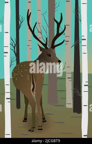 A vector illustration of a deer in the forest. You see the animal from its behind and it looks backwards at you. It's a male deer with antlers. Stock Vector