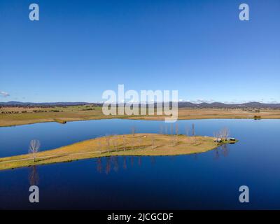 Aerial View at Rangers Valley Dam which is situated near Glen Innes, NSW, Australia, one of the largest privately own Dams in the southern hemisphere Stock Photo