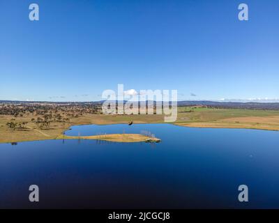 Aerial View at Rangers Valley Dam which is situated near Glen Innes, NSW, Australia, one of the largest privately own Dams in the southern hemisphere Stock Photo