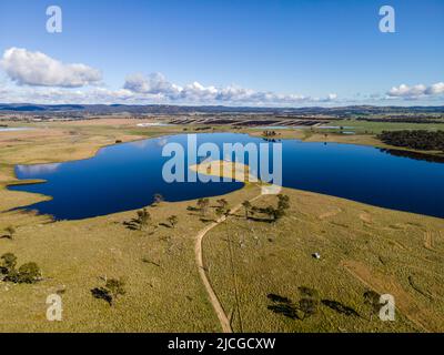 Aerial View at Rangers Valley Dam which is situated near Glen Innes, NSW, Australia, one of the largest privately own Dams in the southern hemisphere Stock Photo