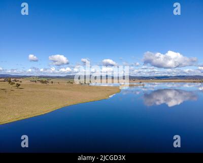 Aerial View at Rangers Valley Dam which is situated near Glen Innes, NSW, Australia, one of the largest privately own Dams in the southern hemisphere Stock Photo