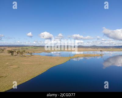 Aerial View at Rangers Valley Dam which is situated near Glen Innes, NSW, Australia, one of the largest privately own Dams in the southern hemisphere Stock Photo