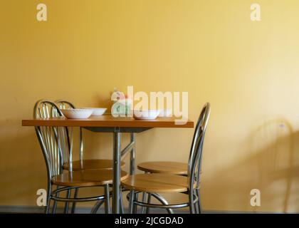 school kitchen canteen, set tables, canteen equipment, catering establishment, tables and chairs Stock Photo