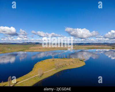 Aerial View at Rangers Valley Dam which is situated near Glen Innes, NSW, Australia, one of the largest privately own Dams in the southern hemisphere Stock Photo
