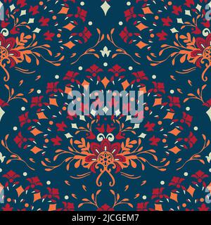 Seamless vector pattern with floral hand fan on dark blue background. Romantic flower curve wallpaper design. Decorative tribal fashion textile. Stock Vector