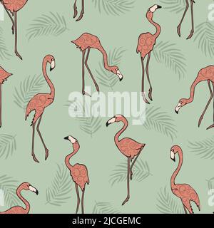 Seamless vector  pattern with tropical bird on green background. Textured flamingo wallpaper design. Decorative rain forest fashion textile. Stock Vector