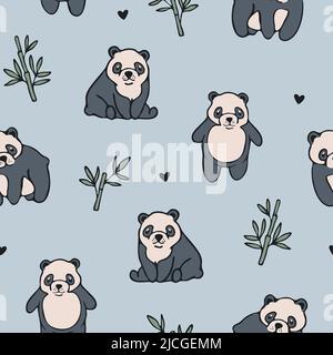 Seamless vector pattern with cute panda on blue background. Simple cartoon animal wallpaper design. Decorative teddy bear fashion textile. Stock Vector