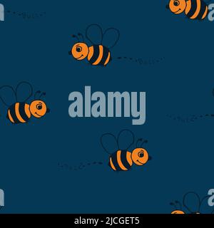 Seamless vector pattern with cartoon bees on dark blue background. Simple summer bug wallpaper design for children. Stock Vector