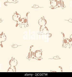 Seamless vector pattern with cute cat on light yellow background. Simple hand drawn kitten wallpaper design. Decorative animal sketch fashion textile. Stock Vector