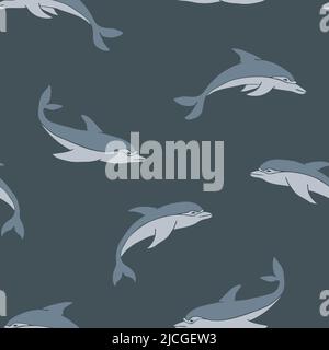 Seamless vector pattern with dolphins on grey background. Simple tropical fish wallpaper design. Decorative sea life fashion textile. Stock Vector