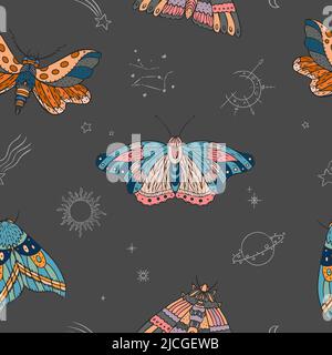 Night moth, symbols of the sky, sun and moon vector seamless pattern. Stock Vector