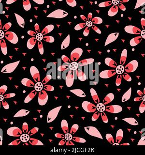 Seamless vector pattern with pink flowers o black background. Simple hand drawn floral wallpaper design. Daisy meadow fashion textile. Stock Vector