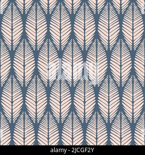 Seamless vector pattern with modern leaf texture on blue background. Simple home decor wallpaper design. Decorative floral fashion textile. Stock Vector