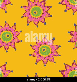 Seamless vector pattern with abstract pink flower on bright yellow background. Gypsy floral wallpaper design. Hippies fashion textile. Stock Vector
