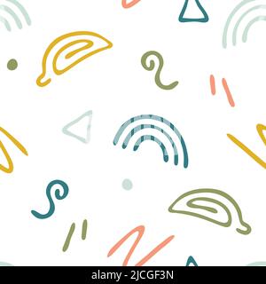 Seamless vector pattern with abstract shapes on white background. Fun hand drawn doodle wallpaper design for children. Decorative pop fashion textile. Stock Vector