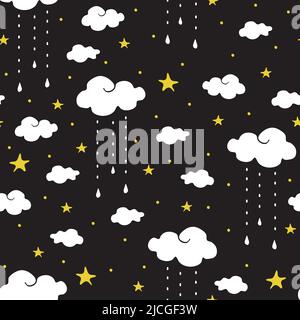 Seamless vector pattern with clouds and stars on black background. Simple wallpaper design dream like night sky. Ideal for kids bedroom decoration. Stock Vector