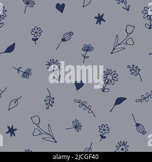 Seamless vector pattern with simple flowers on blue background. Floral textured wallpaper design. Beautiful summer meadow fashion textile. Stock Vector