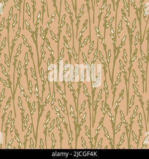 Seamless vector pattern with rye meadow texture on pink background. Decorative grass field wallpaper design. Nature herb fashion textile. Stock Vector