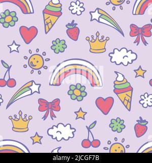 Seamless vector  pattern with magic stickers on pink background. Happy summer wallpaper design for children.  Decorative cheerful fashion textile. Stock Vector