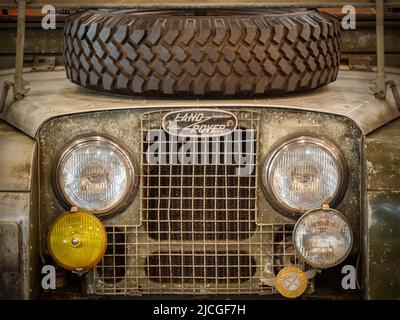 Essen, Germany - March 23, 2022: Front view of a heavily weathered original Land Rover Series 1 classic British car in Essen, Germany Stock Photo