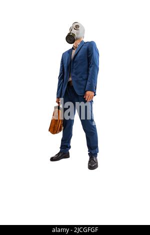 Portrait of young employee, office worker in official suit wearing gas mask isolated over white studio background Stock Photo