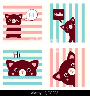 Set of kawaii member icon. Cards in retro style with cute cartoon cats. Baby collection of backgrounds with kitty. Vector illustration EPS8 Stock Vector