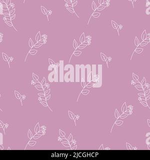 Seamless pattern in small flowers and leaves. Small white flowers. Pink background. Ditsy floral background. The elegant pattern for fashion textile p Stock Vector