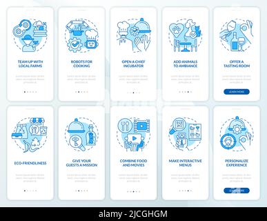 Strategic plan for restaurant blue onboarding mobile app screen set Stock Vector