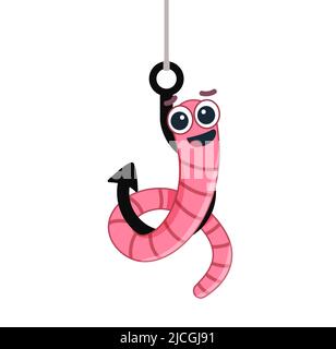 Cartoon worm on a hook. emotion. isolated on a white background. vector illustration. character icon Earthworm. flat style. Crawling animal creature. Stock Vector