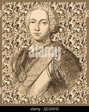 An old engraved portrait of Prince Charles Edward Stuart, (Bonnie Prince Charlie) who had the full name Charles Edward Louis John Casimir Sylvester Severino Maria Stuart  (1720 –  1788). He was both born and died at the Palazzo Muti, Rome, Papal States and buried in St. Peter's Basilica, Vatican City Stock Photo