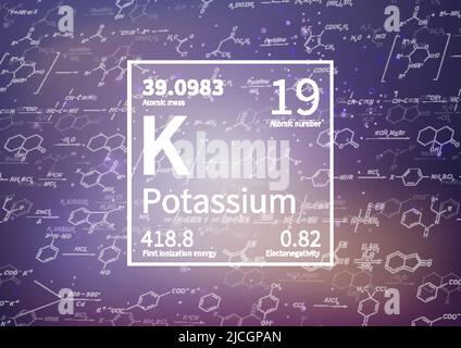Potassium chemical element with first ionization energy, atomic mass and electronegativity on scientific background Stock Vector