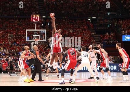 Milan, Italy. 12th June, 2022. Italy, Milan, june 12 2022: tip-off of the match during basketball game A|X Armani Exchange Milan vs Virtus Bologna, Final game3 LBA 2021-2022 at Mediolanum Forum (Photo by Fabrizio Andrea Bertani/Pacific Press) Credit: Pacific Press Media Production Corp./Alamy Live News Stock Photo