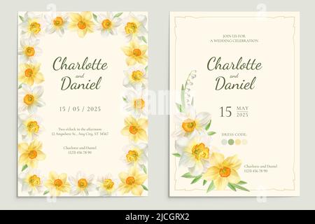 Wedding invitation with yellow daffodils, template, vector illustration Stock Vector