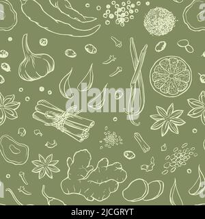 Vector pattern, spices and seasonings, line art on an olive background Stock Vector
