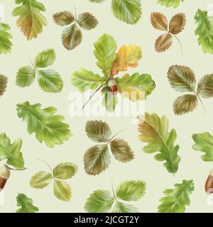 Green oak leaves pattern, watercolor illustration on light background Stock Vector
