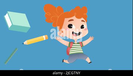 Illustrative image of book, pencil, ruler and schoolgirl dancing against blue background Stock Photo