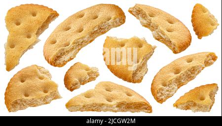 Broken round cheese crackers isolated on white background Stock Photo