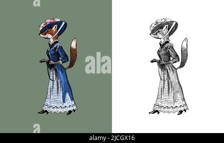 Fashionable fox in clothes. Antique lady. Victorian dame. Ancient Retro Clothing. Woman in dress. Vintage engraving style. Hand drawn old monochrome Stock Vector