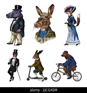 Brown bear rides a bike. Fox and monkey, hippopotamus and Hare or rabbit on a scooter. Antique gentleman in a cap and coat. Victorian man. Vintage Stock Vector