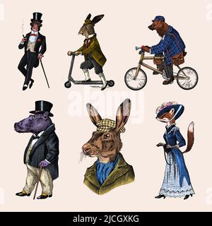 Brown bear rides a bike. Fox and monkey, hippopotamus and Hare or rabbit on a scooter. Antique gentleman in a cap and coat. Victorian man. Vintage Stock Vector