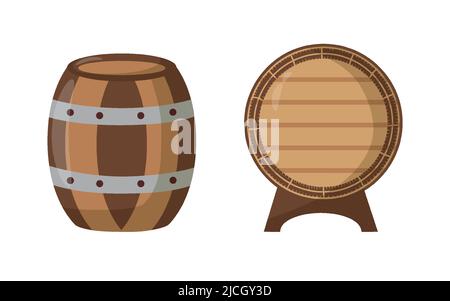 Alcohol barrels. Front view of wooden barrels with containers for rum bar. Stock Vector