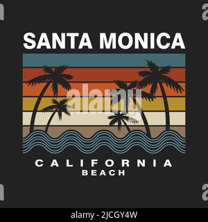 Santa monica california beach retro silhouette tree coconut vector illustration Stock Vector