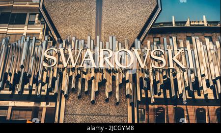 Mannheim, Germany - June 11, 2022:  Swarovski luxury fashion store exterior logo in Mannheim. Swarovski Crystal includes home decoration objects, jewe Stock Photo