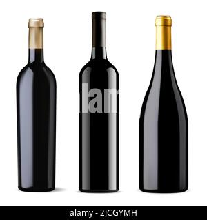 Red wine bottle black glass mockup, isolated vector illustration to put label. Dark green vineyard bottle for brand presentation. Unlabeled elegant vi Stock Vector